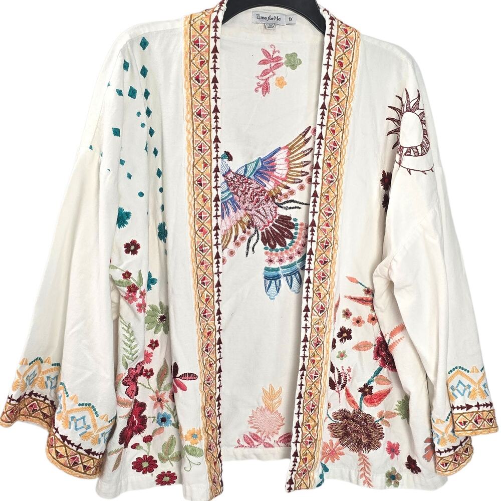 Time For Me Womens 1XL White Cardigan Embroidered Floral Open Front Boho Cottage